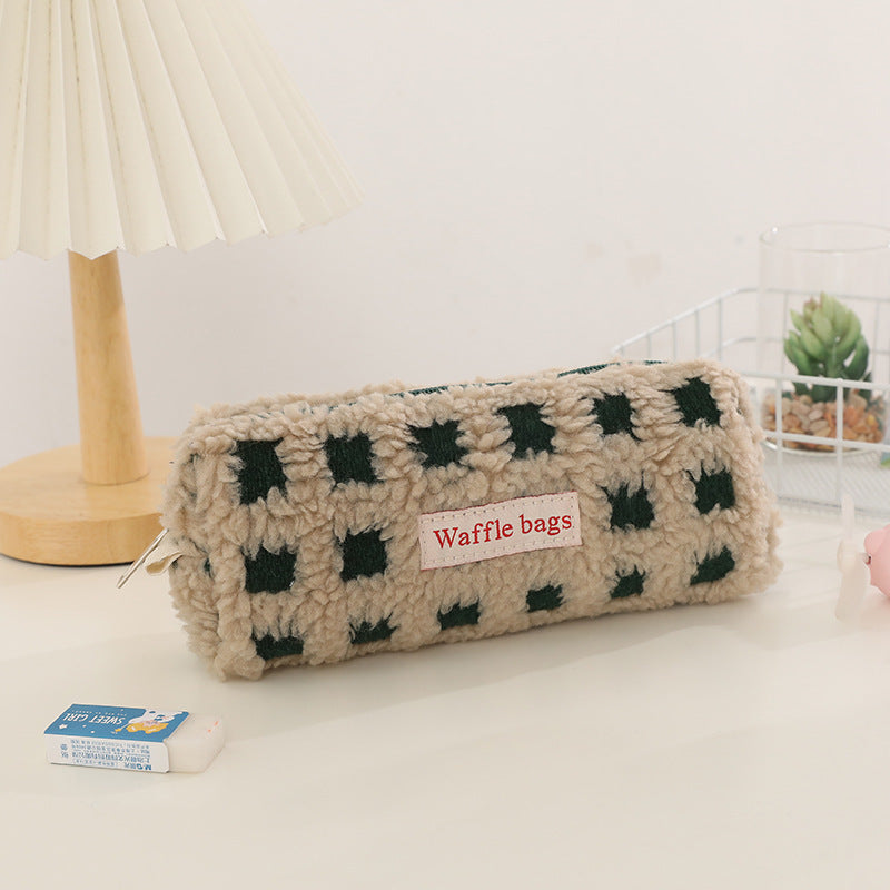 Wholesale Waffle Lamb Plush Checkerboard Pencil Case